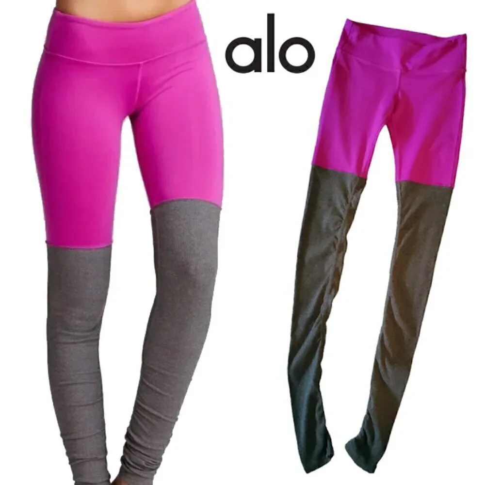 Alo Yoga Ice Goddess Ribbed Legging Purple & Grey Extra Long Stretch XS 2-4